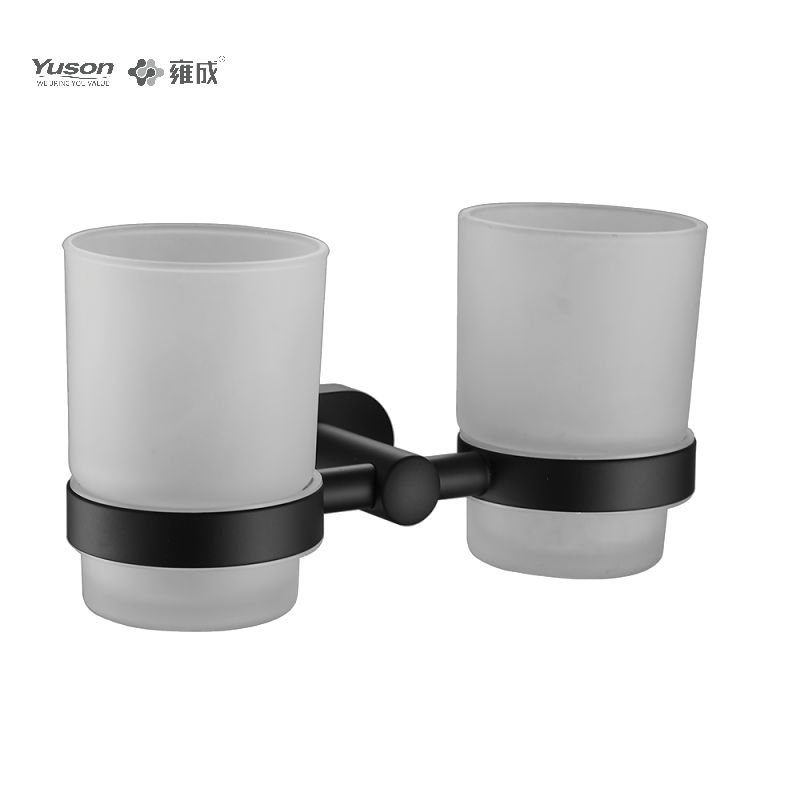 13384D Acessórios de banheiro elegantes, suporte para copo duplo, com copo de vidro fosco/temperado, suporte para copo de zinco/latão/SUS, montado na parede (Série 13300)